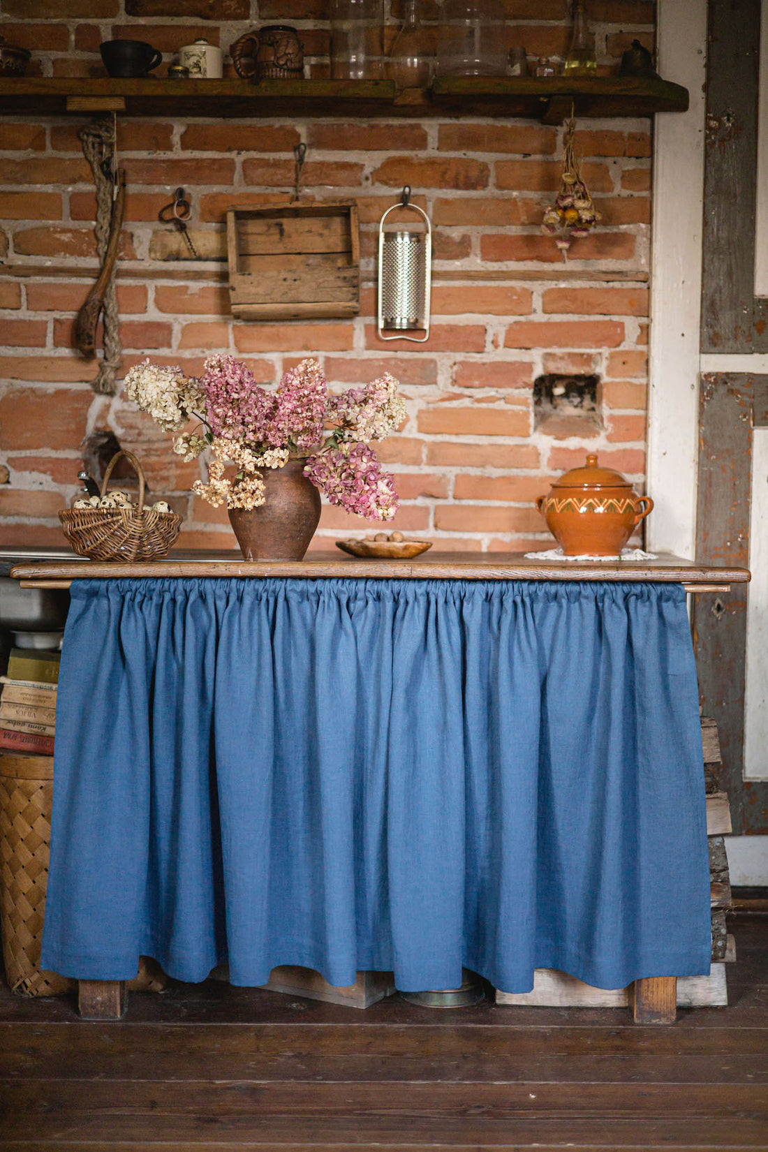 Cornflower blue linen cabinet curtain
