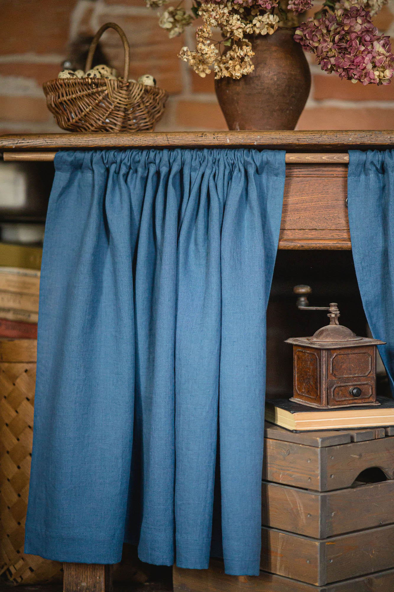 Cornflower blue linen cabinet curtain