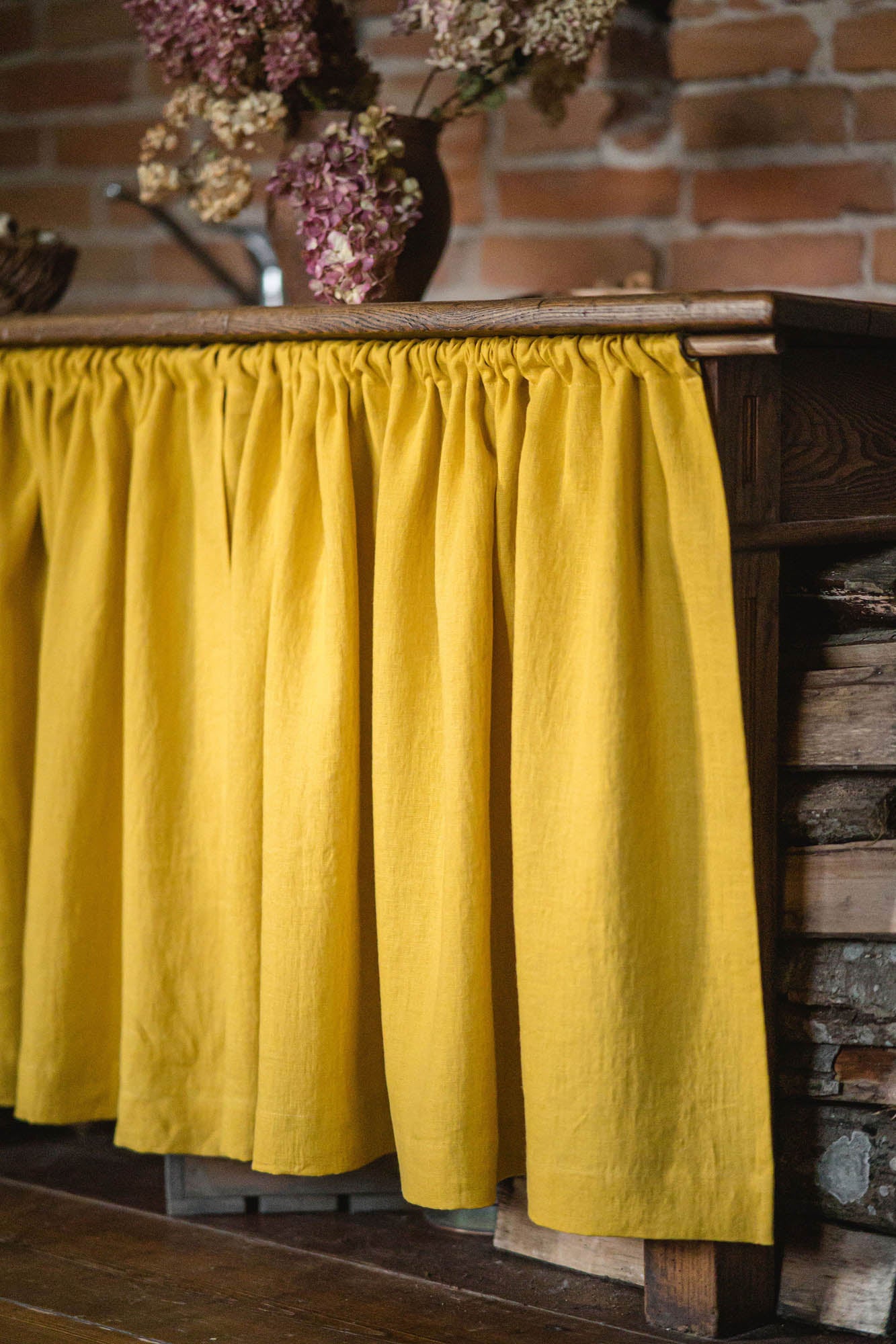 Mimosa yellow linen cabinet curtain