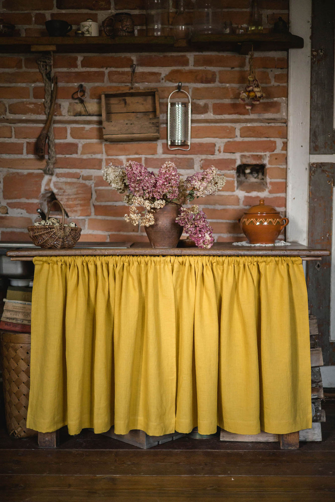 Mimosa yellow linen cabinet curtain