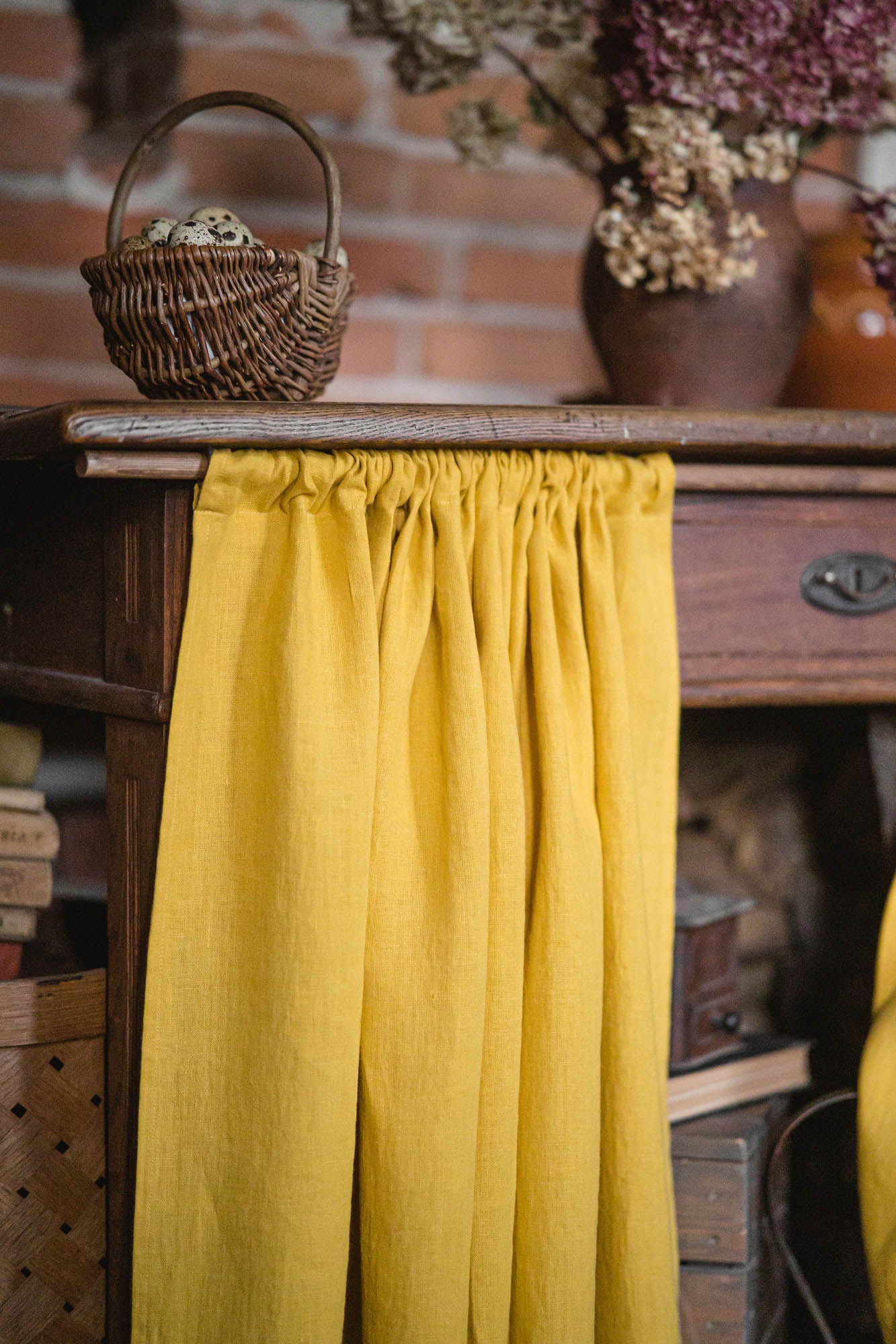 Mimosa yellow linen cabinet curtain