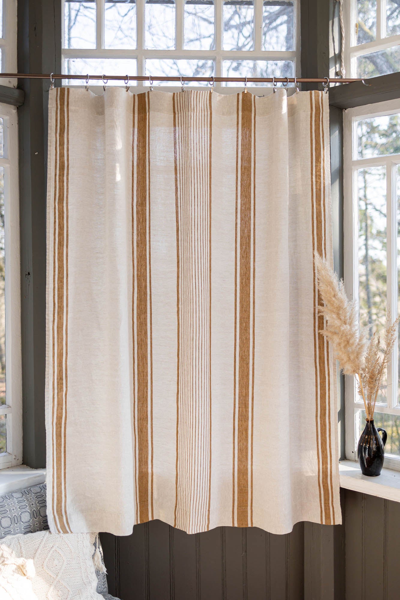 French style linen curtain with golden stripes and simple hem, for clips