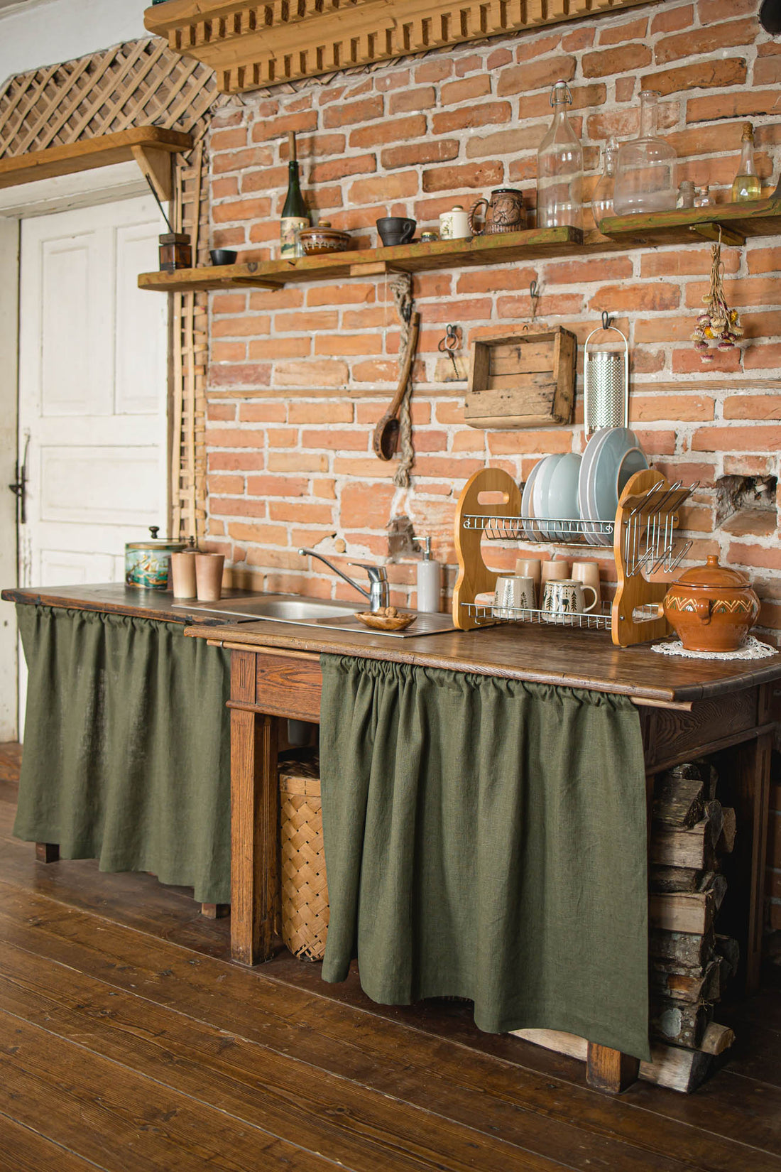 Forest green heavyweight linen cabinet curtain