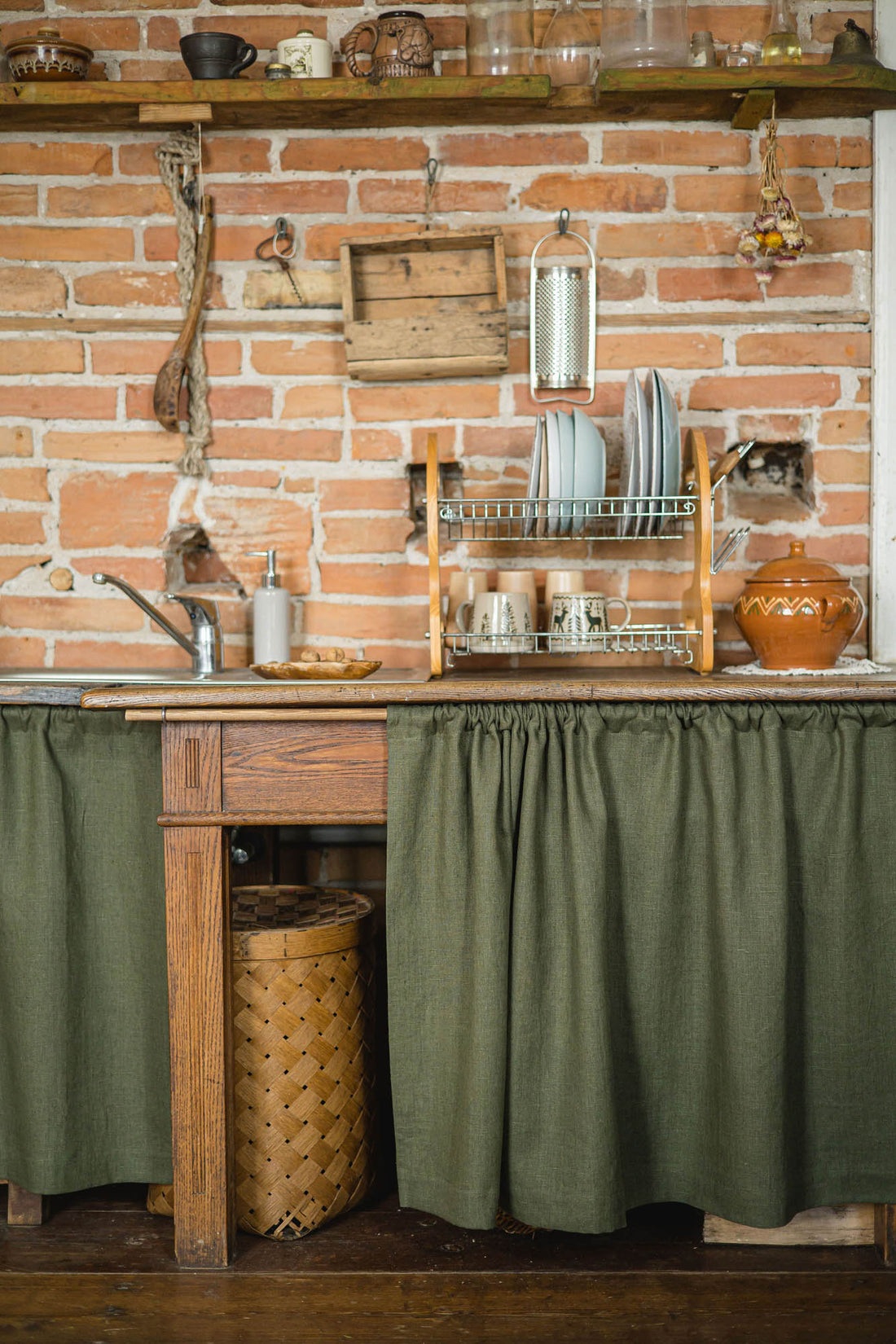 Forest green heavyweight linen cabinet curtain