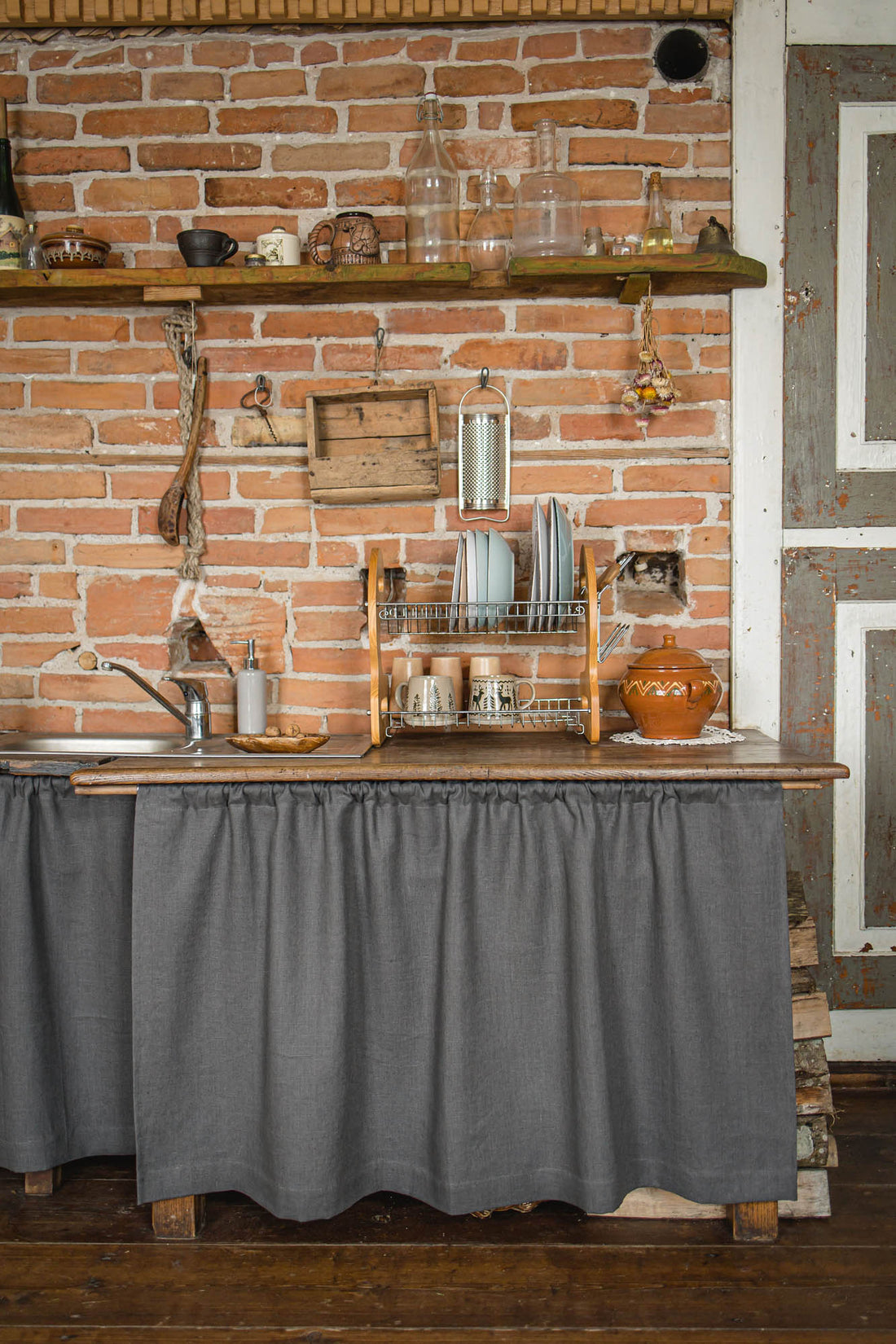 Charcoal gray heavyweight linen cabinet curtain