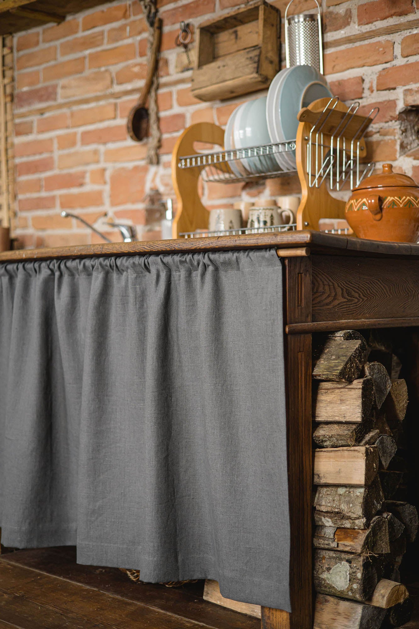 Charcoal gray heavyweight linen cabinet curtain
