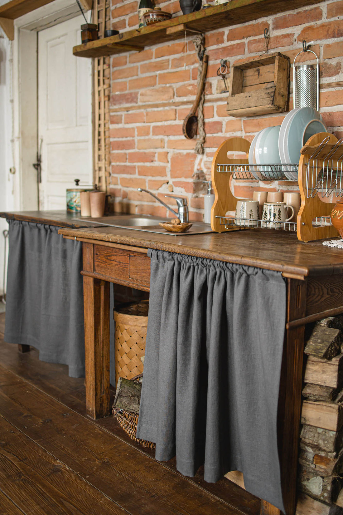 Charcoal gray heavyweight linen cabinet curtain