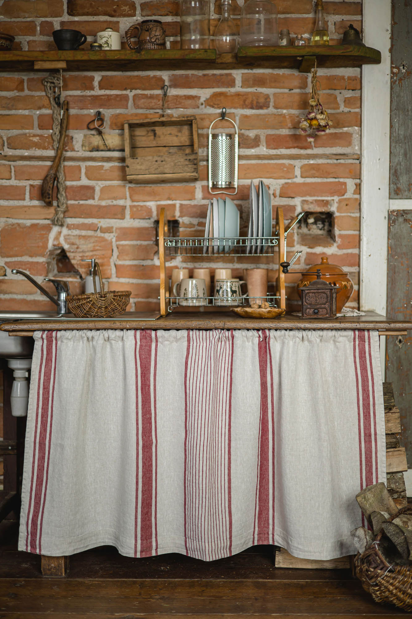 French style linen cabinet curtain with classic cherry red stripes