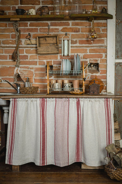 French style linen cabinet curtain with classic cherry red stripes