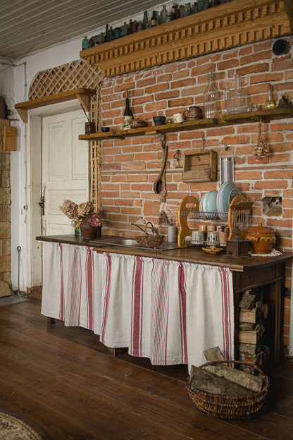 French style linen cabinet curtain with classic cherry red stripes