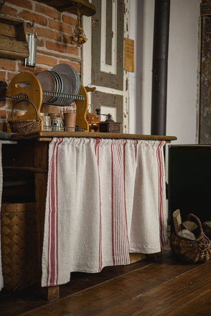 French style linen cabinet curtain with classic cherry red stripes