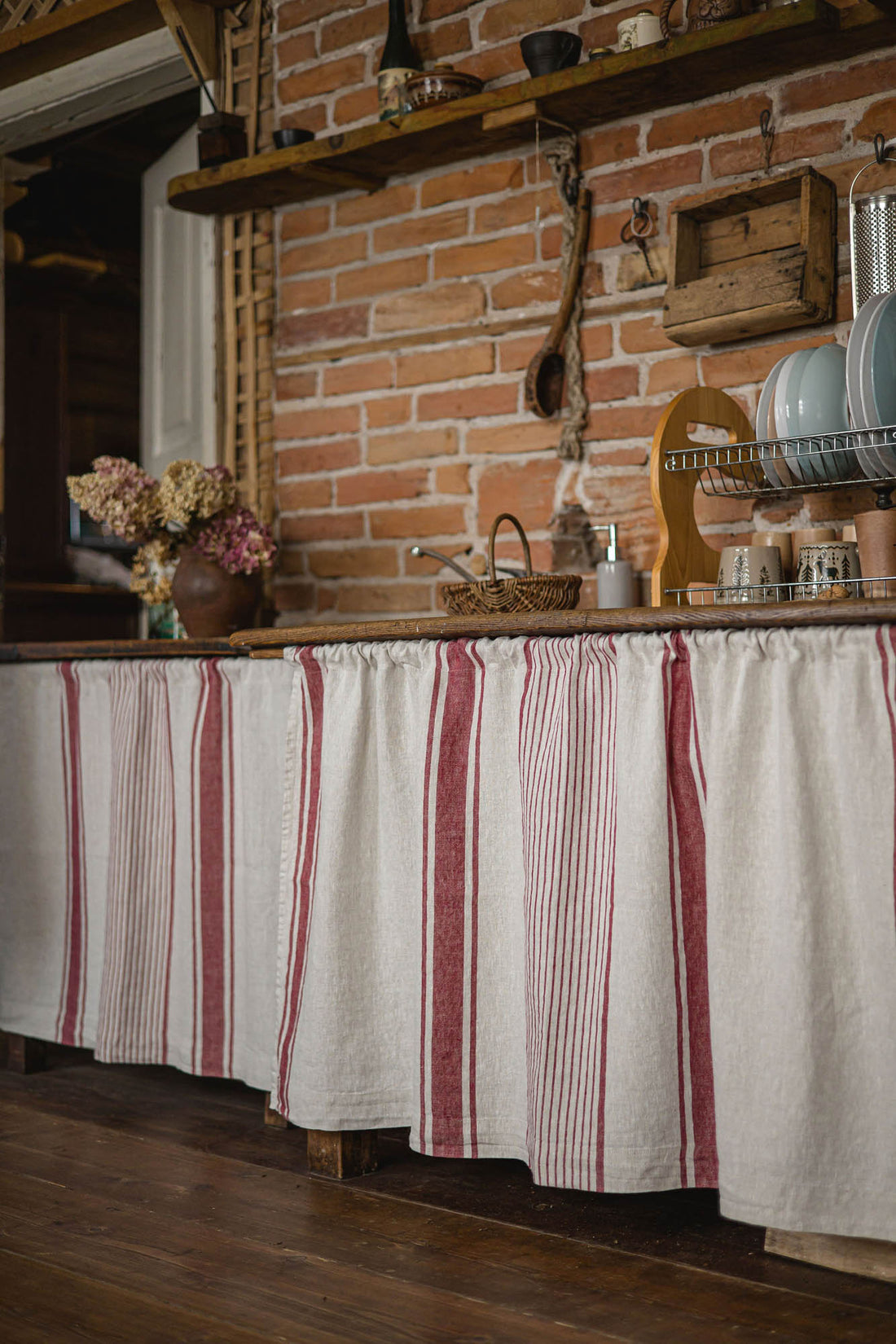 French style linen cabinet curtain with classic cherry red stripes