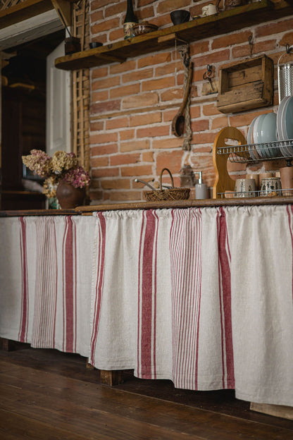 French style linen cabinet curtain with classic cherry red stripes