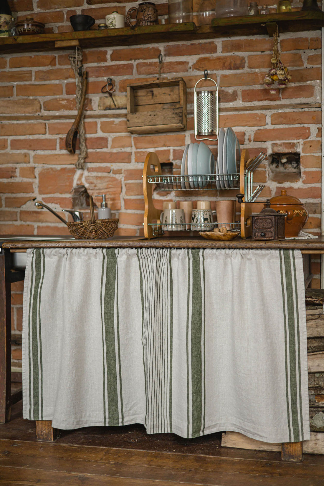 French style linen cabinet curtain with classic green stripes