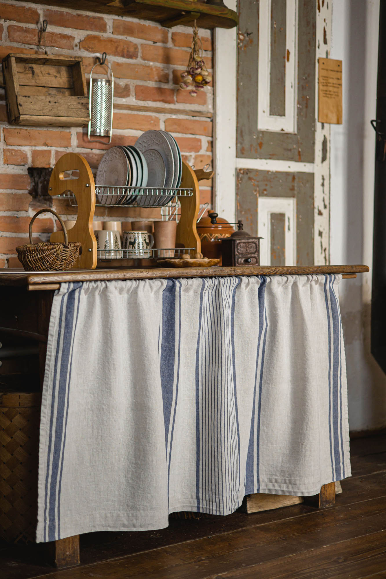 French style linen cabinet curtain with classic blue stripes