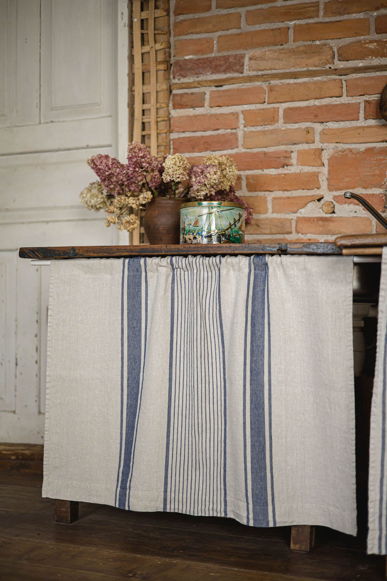 French style linen cabinet curtain with classic blue stripes