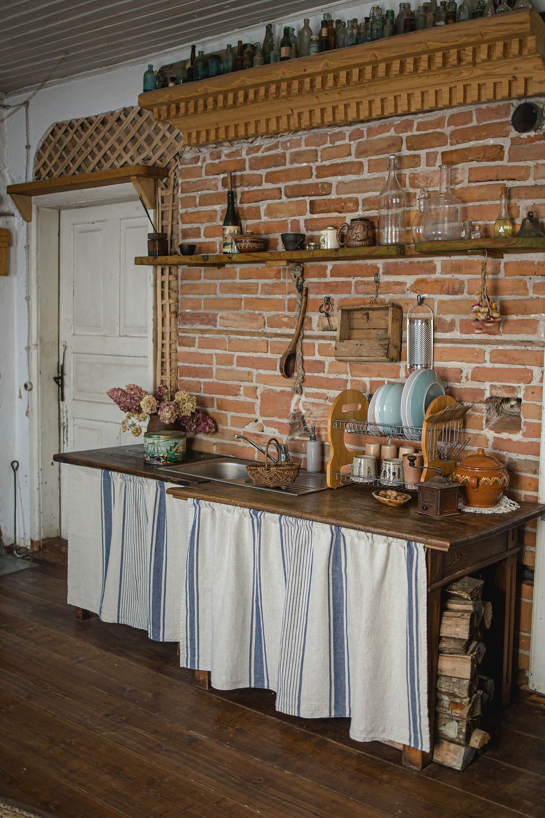 French style linen cabinet curtain with classic blue stripes