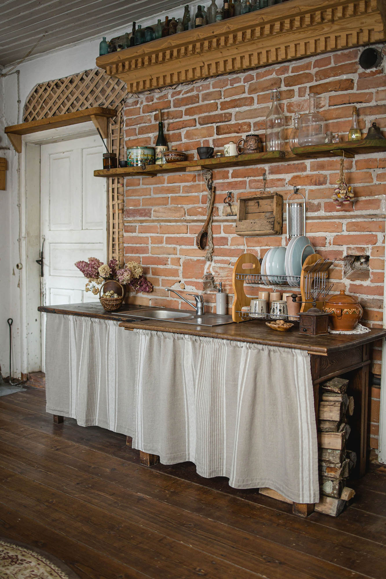 French style linen cabinet curtain with classic natural stripes