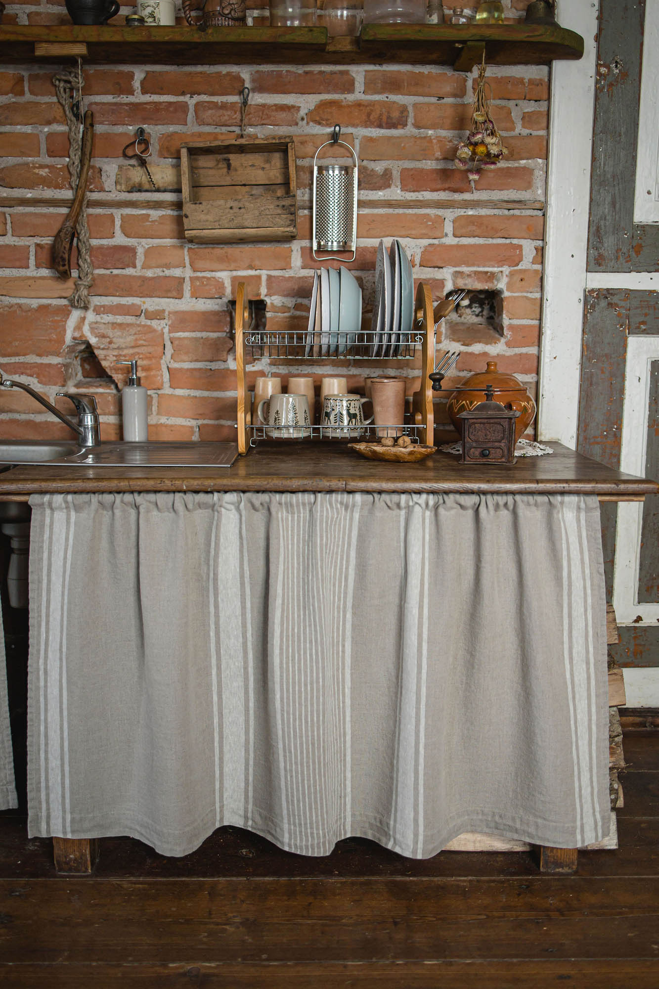 French style linen cabinet curtain with classic natural stripes