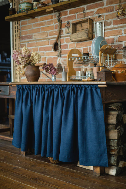 Midnight blue linen cabinet curtain