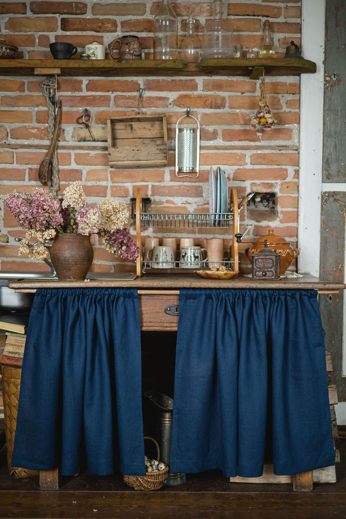 Midnight blue linen cabinet curtain