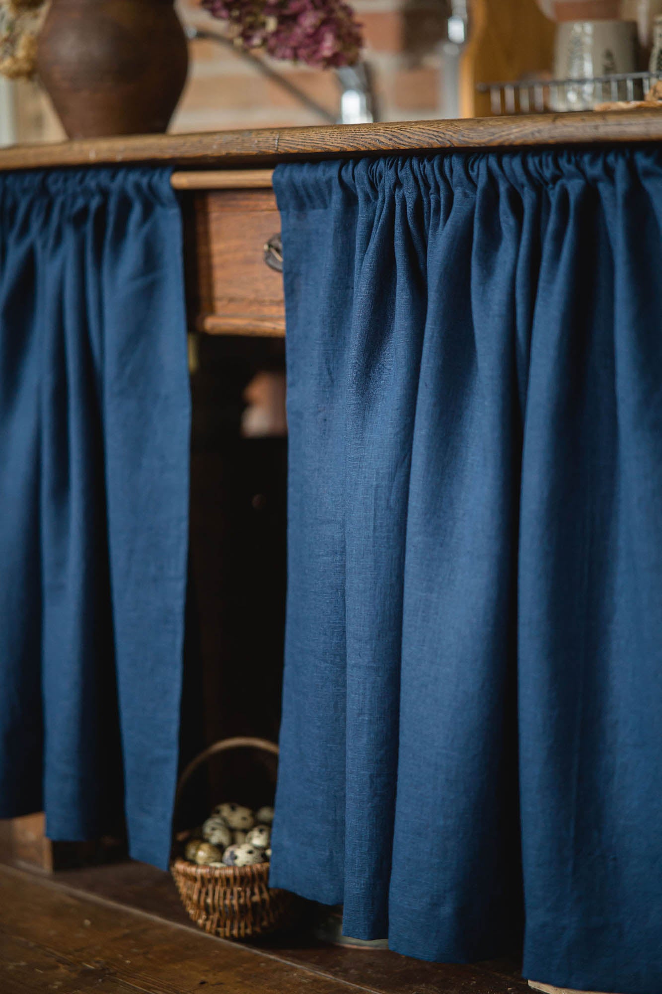 Midnight blue linen cabinet curtain