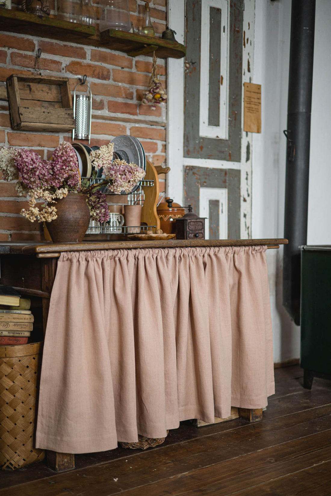 Misty rose linen cabinet curtain