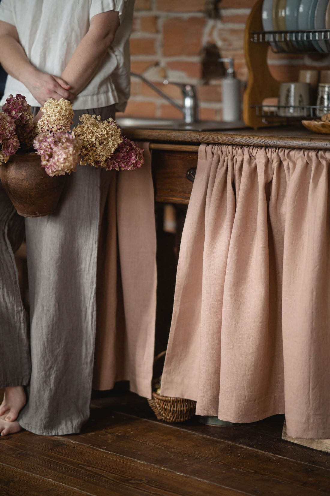 Misty rose linen cabinet curtain