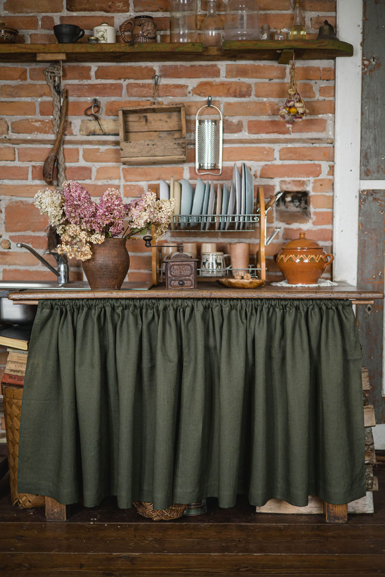 Forest green linen cabinet curtain