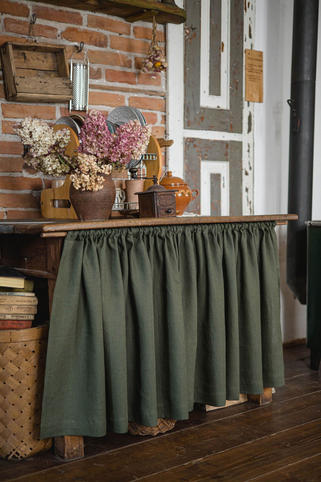 Forest green linen cabinet curtain