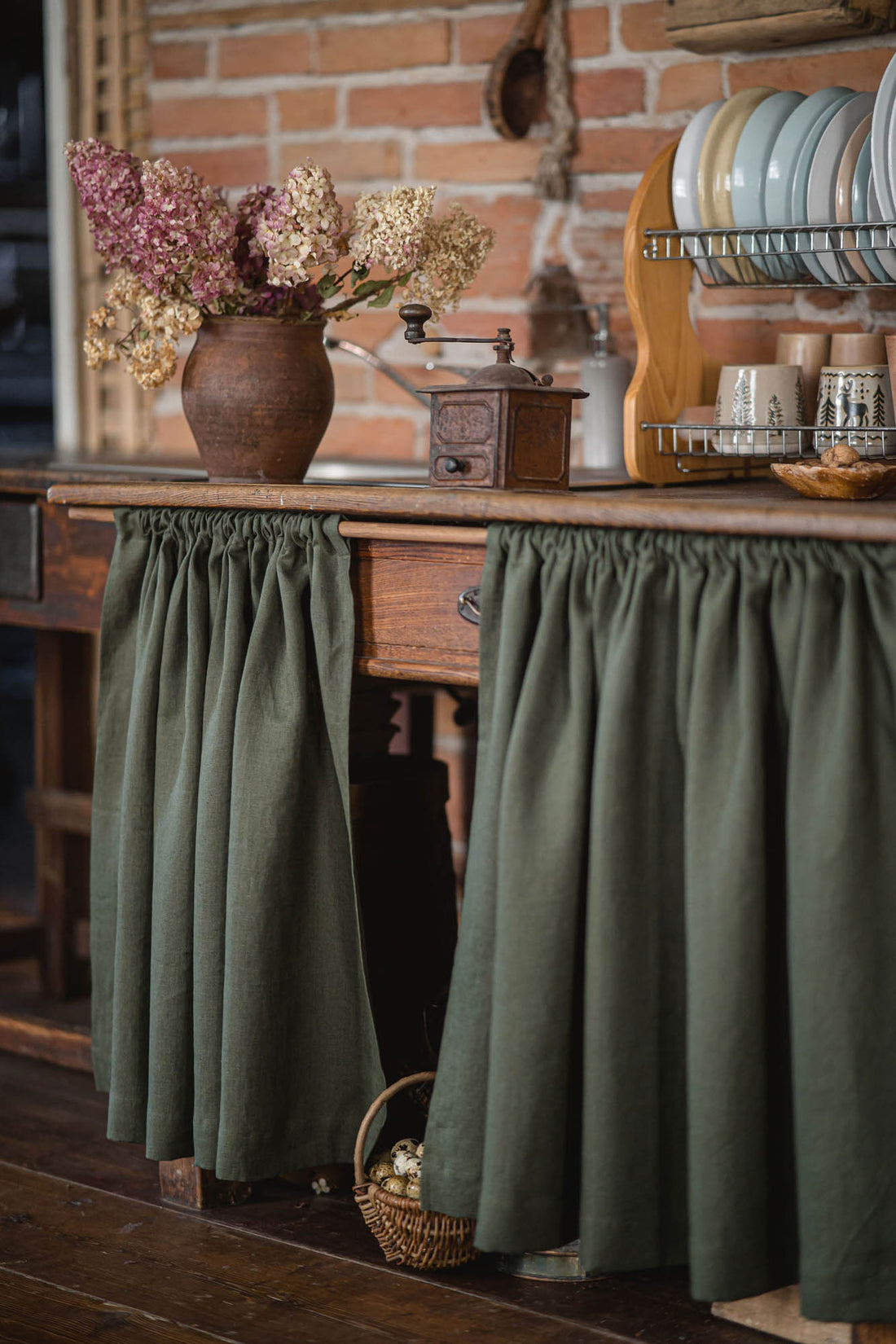 Forest green linen cabinet curtain