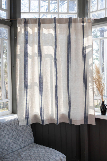 Linen curtain with blue stripes and multifunctional heading tape