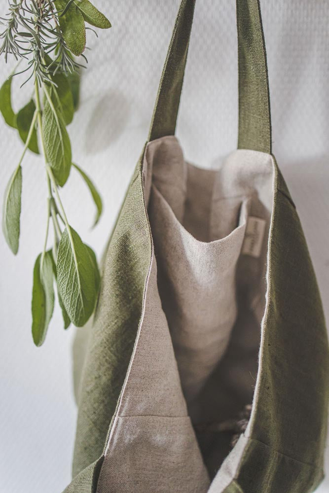 Forest green linen beach bag