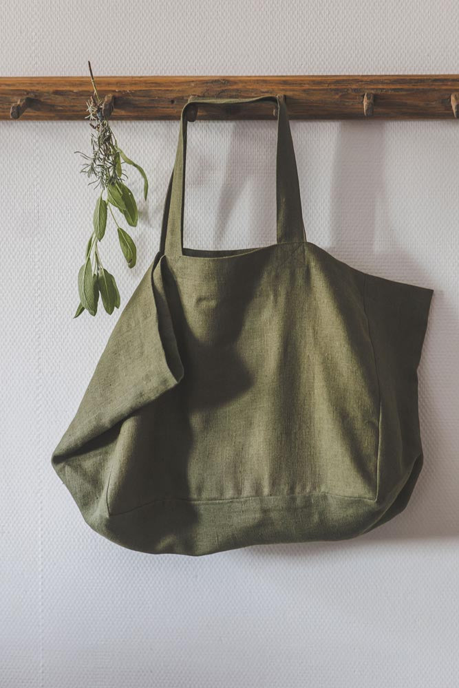 Forest green linen beach bag