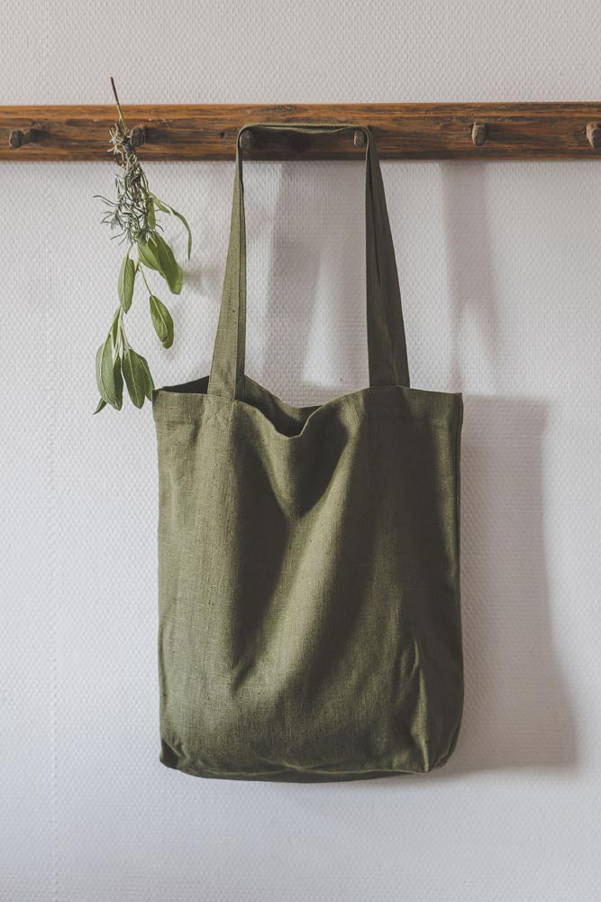 Forest green linen tote bag