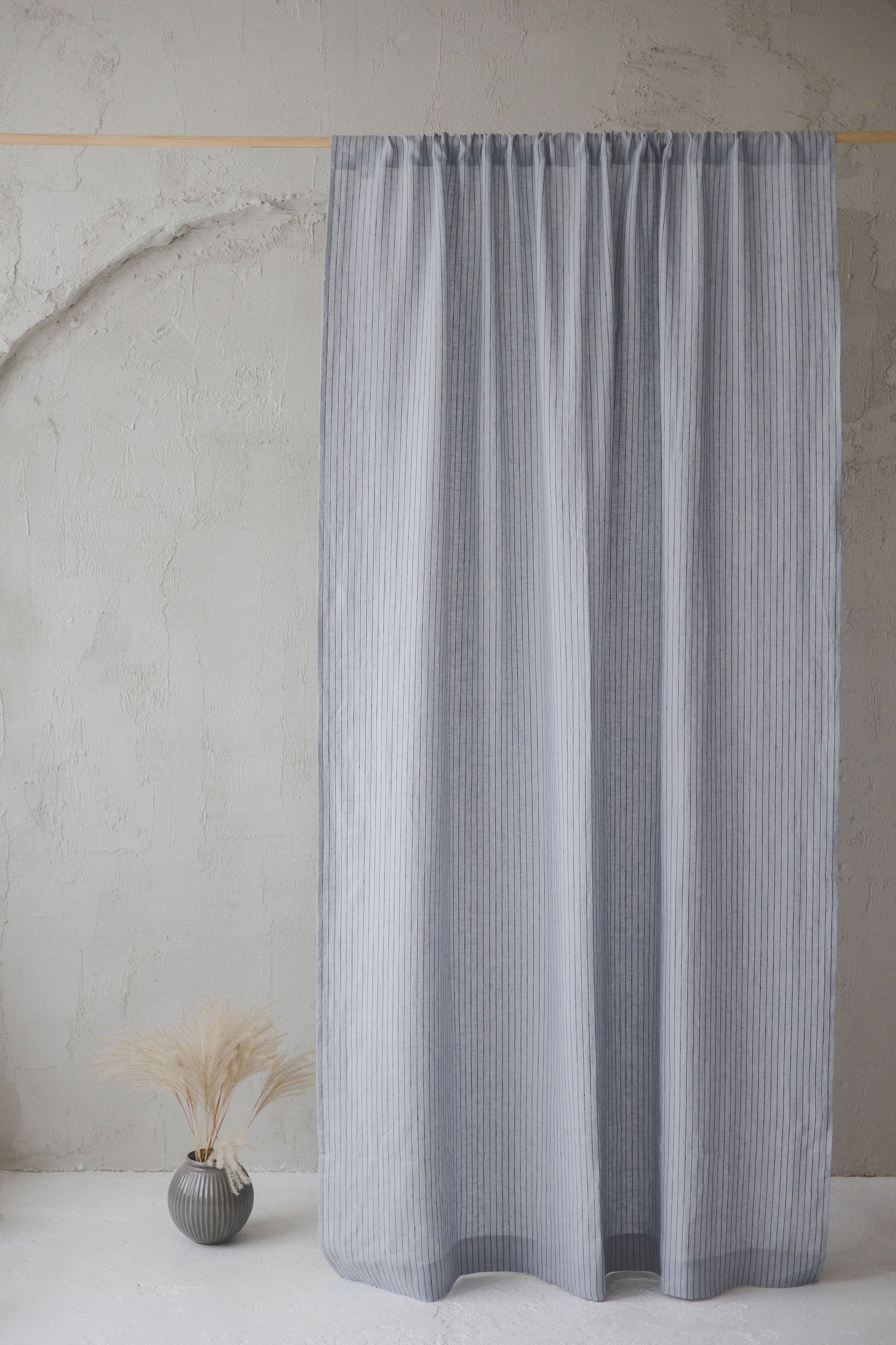 Grey linen curtain with black stripes