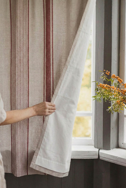 French style linen curtain with cherry red stripes, cotton lining, and multifunctional heading tape