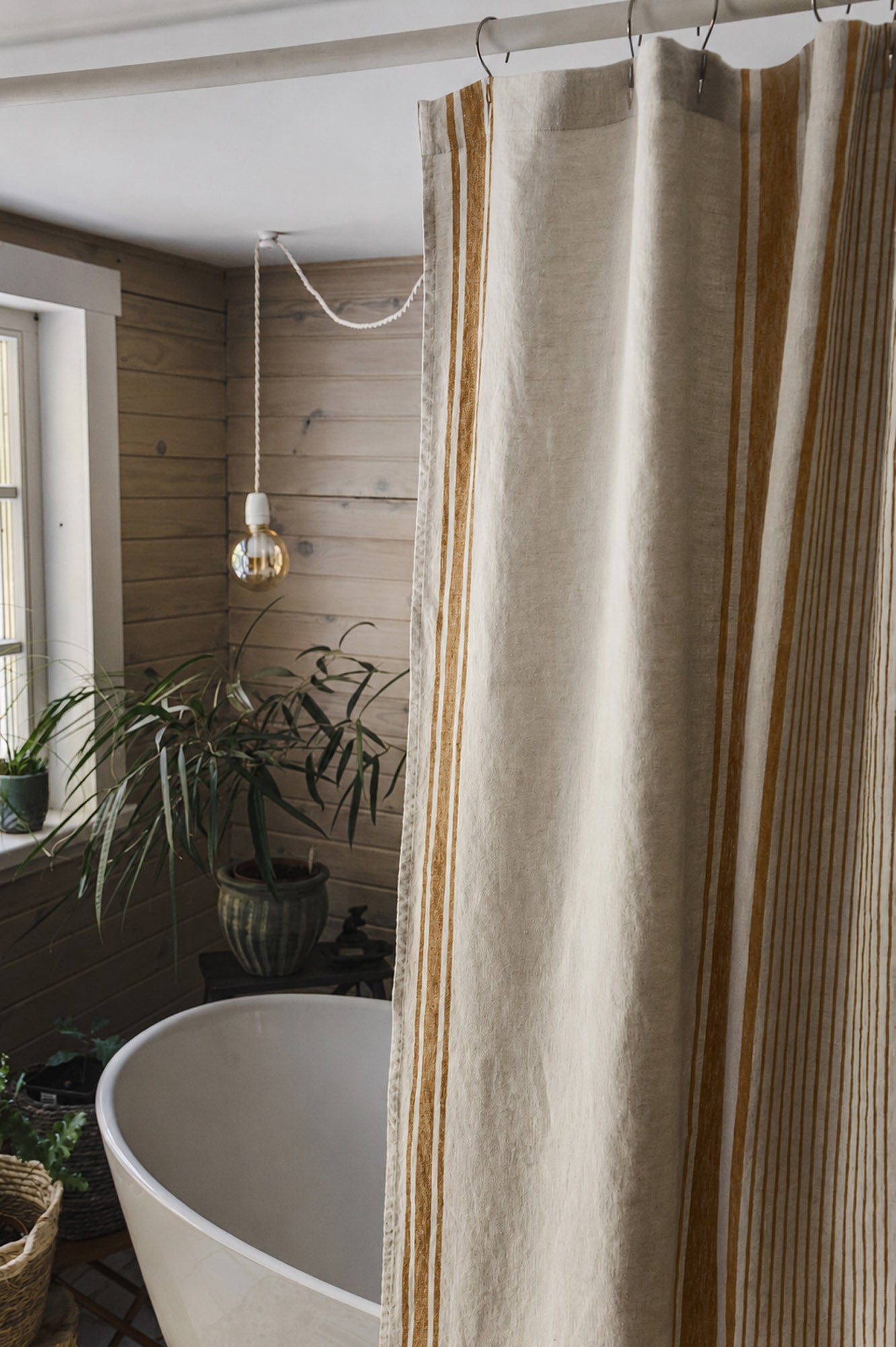 French style linen shower curtain with golden stripes