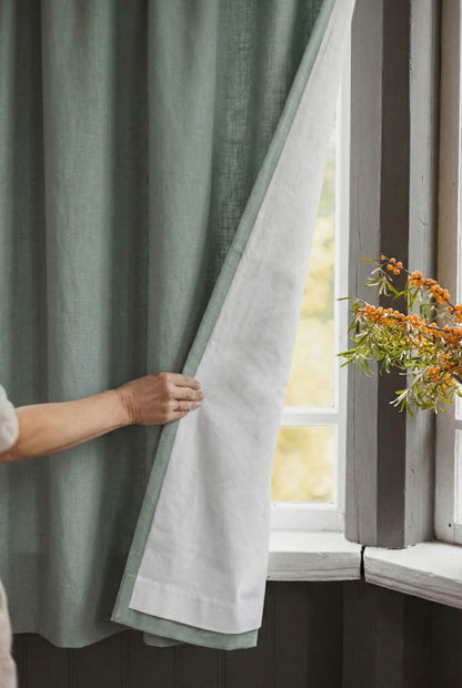 Frosty green linen curtain with cotton lining and multifunctional heading tape