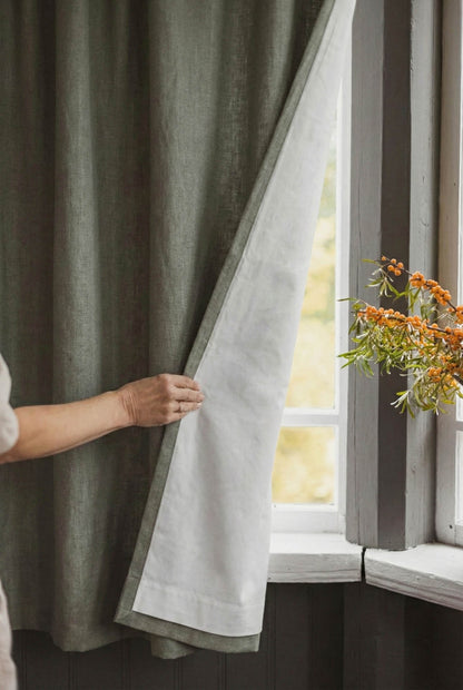 Gray green linen curtain with cotton lining and multifunctional heading tape