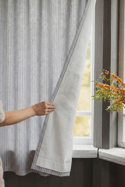 Grey and black striped linen curtain with cotton lining and multifunctional heading tape