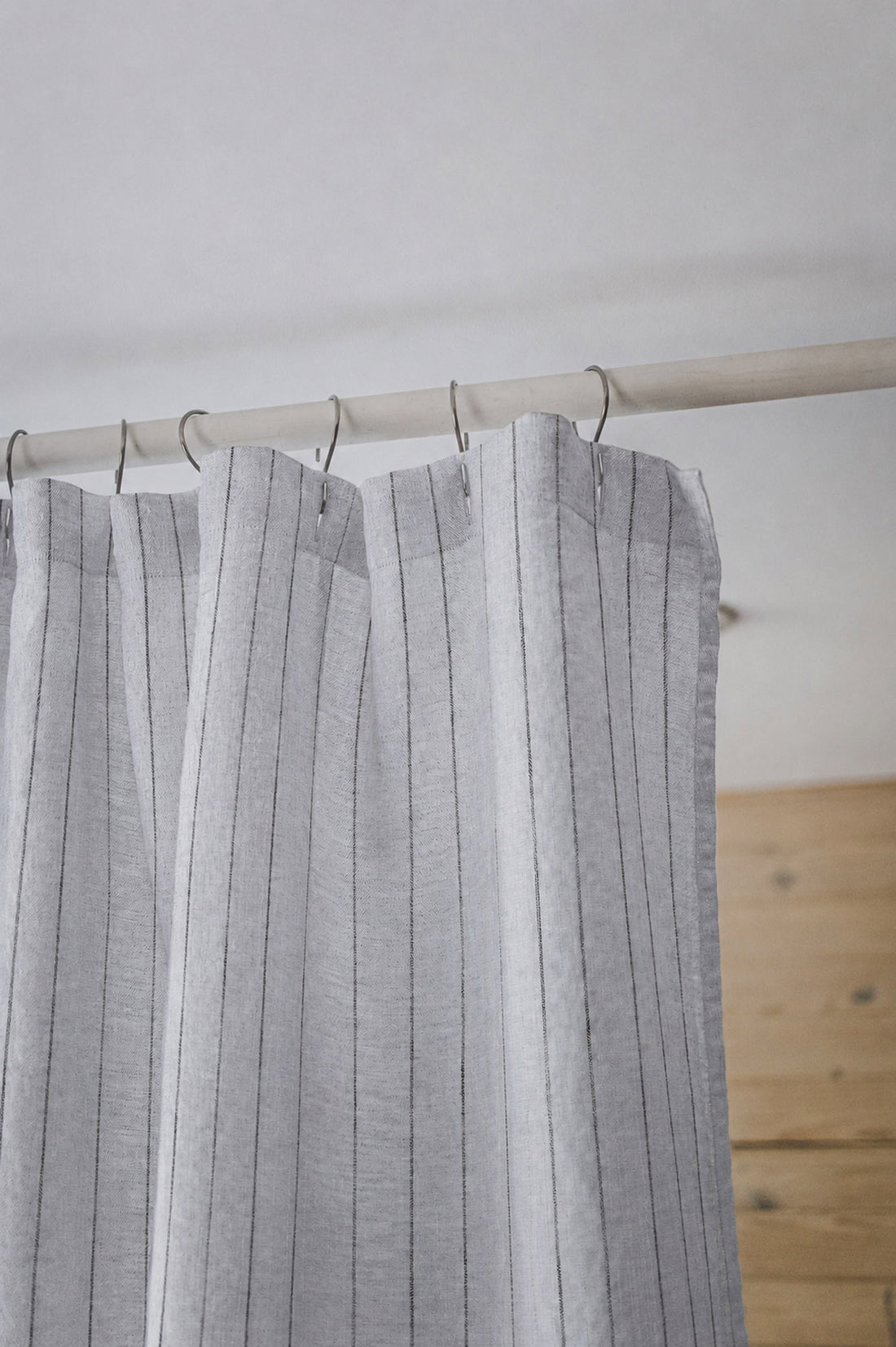 Grey linen shower curtain with black stripes