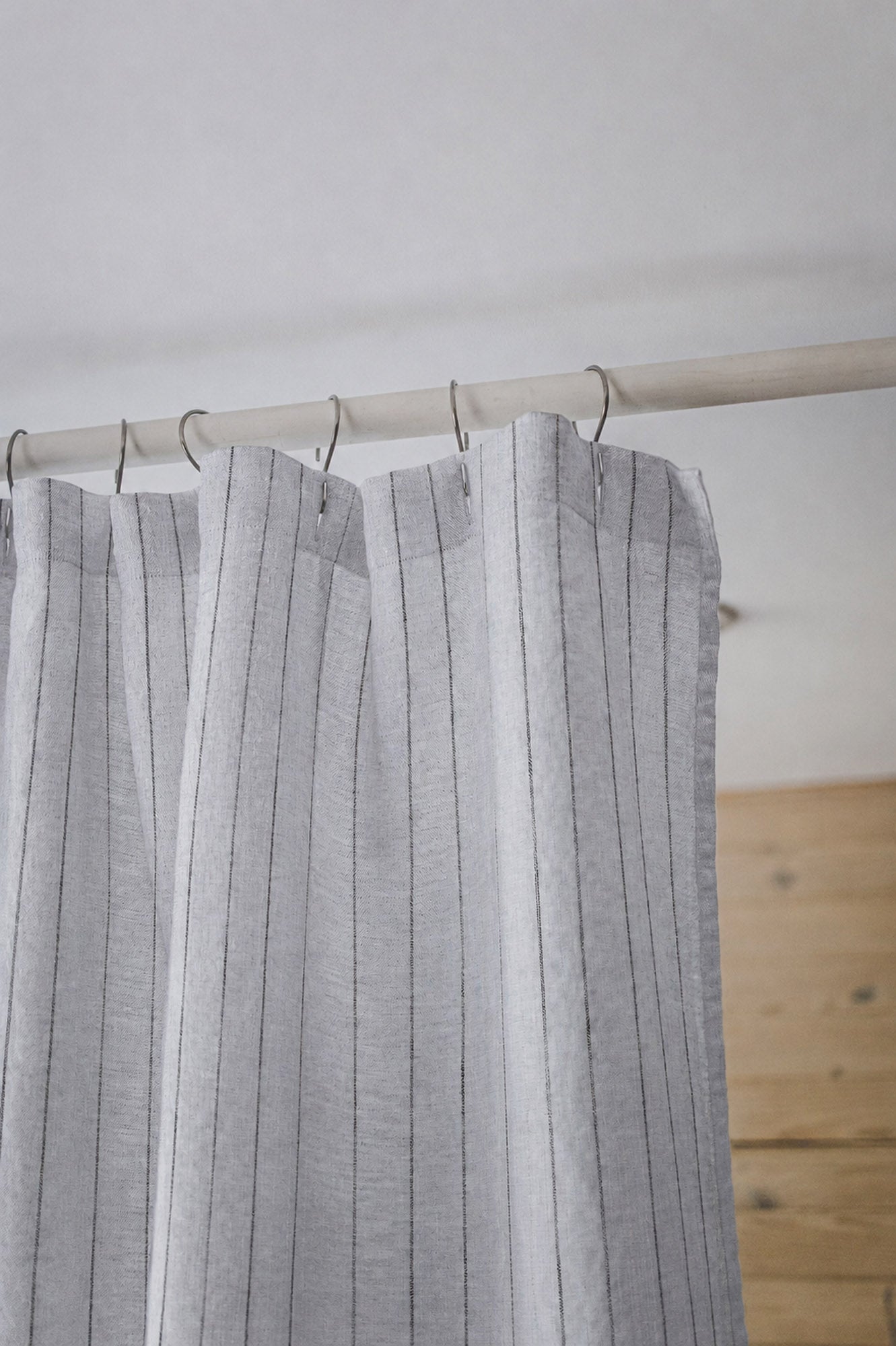 Grey linen shower curtain with black stripes