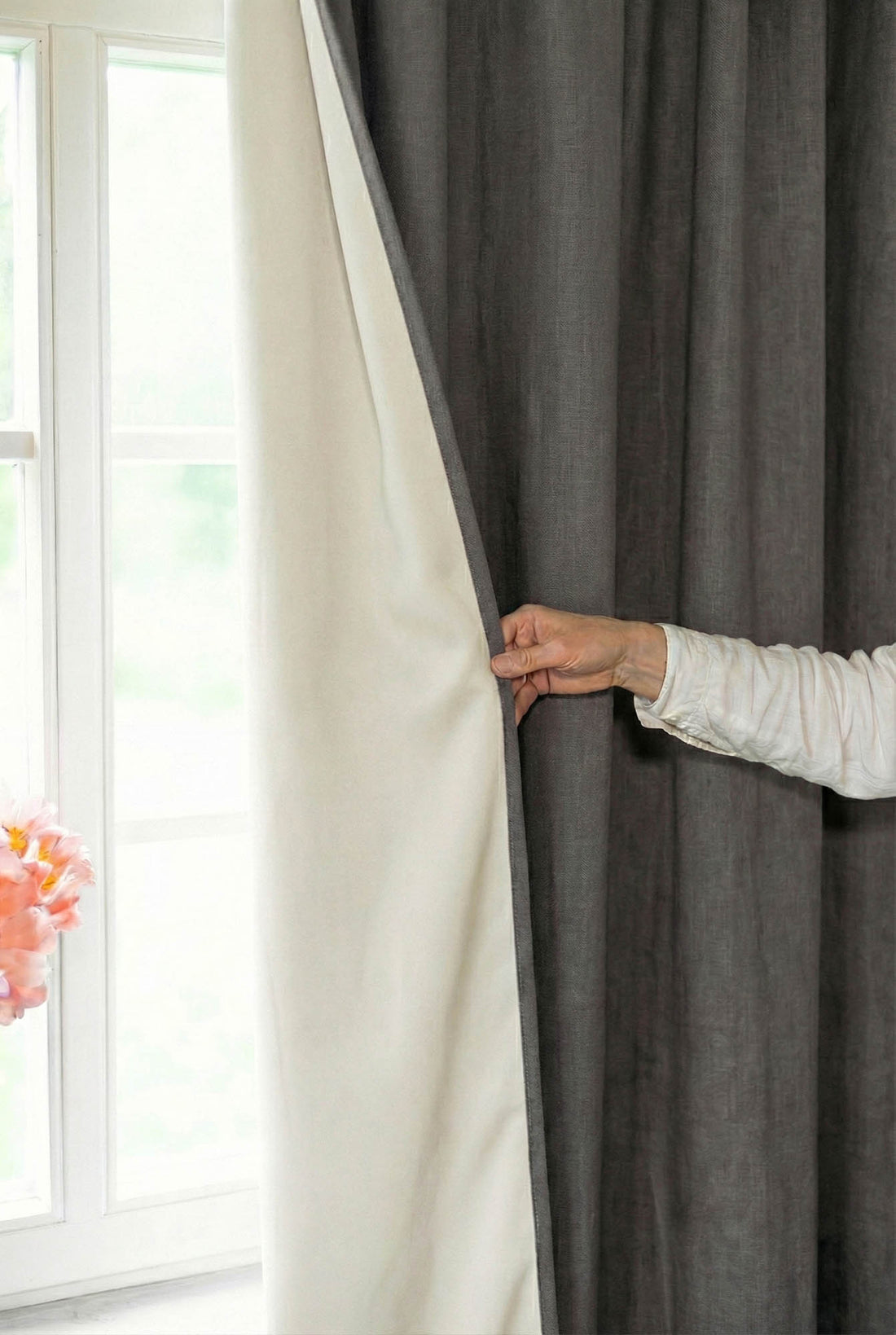 Grey linen blackout curtain with multifunctional heading tape