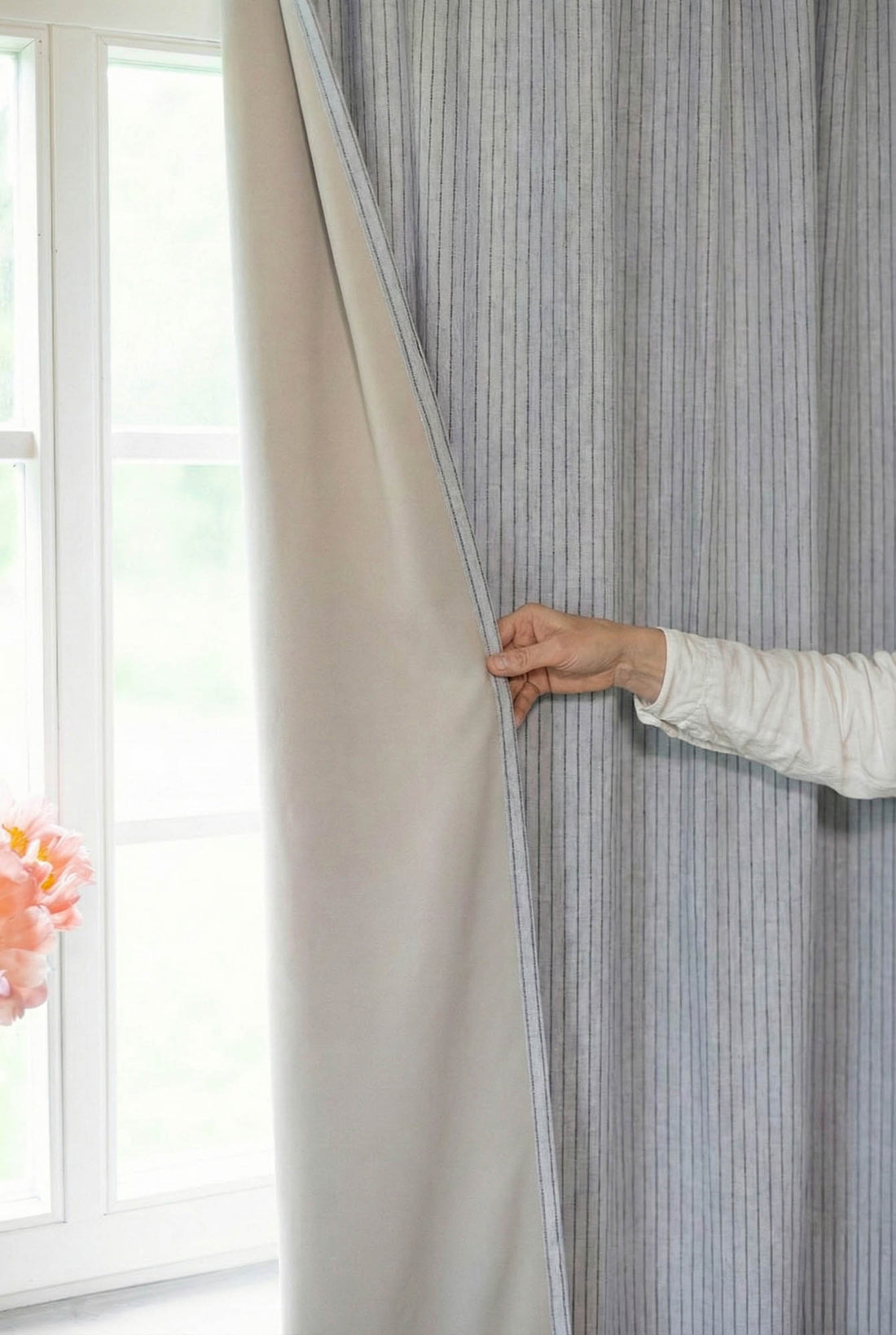 Grey and black striped linen blackout curtain with multifunctional heading tape