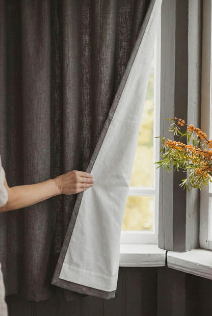Heavyweight charcoal gray linen curtain with cotton lining and multifunctional heading tape