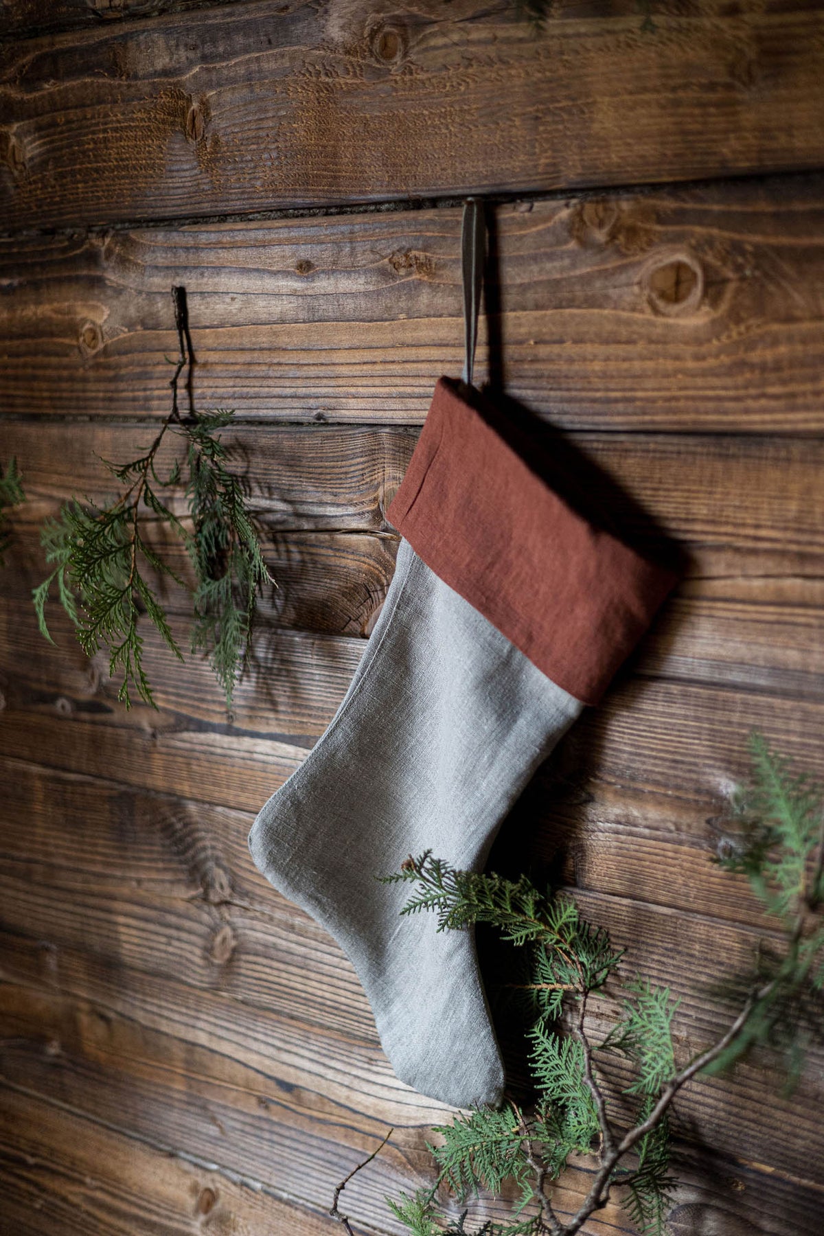Burnt orange linen Christmas stocking
