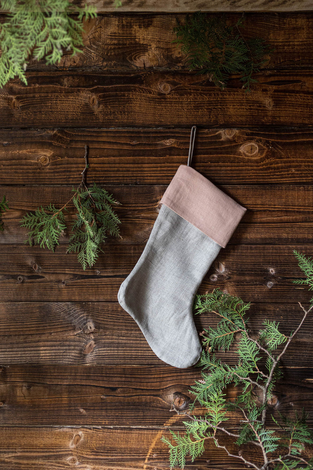 Misty rose linen Christmas stocking