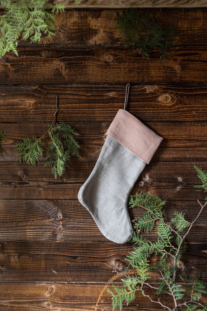 Misty rose linen Christmas stocking