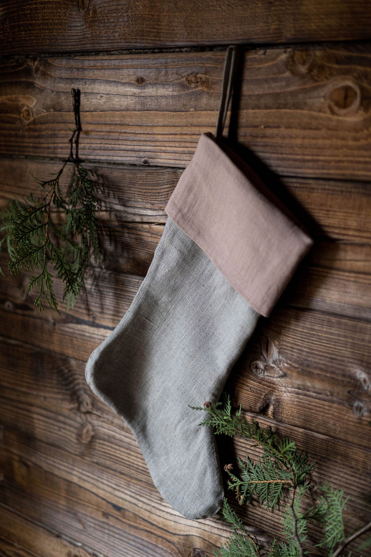 Misty rose linen Christmas stocking